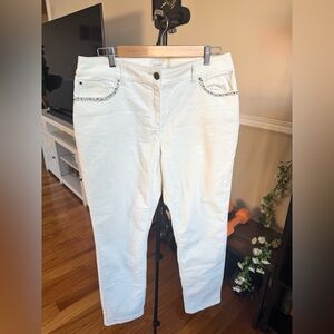 Chico's Embellished Suede Feel Soft Elegant Cream Straight Leg Jeans Size L Sz 2